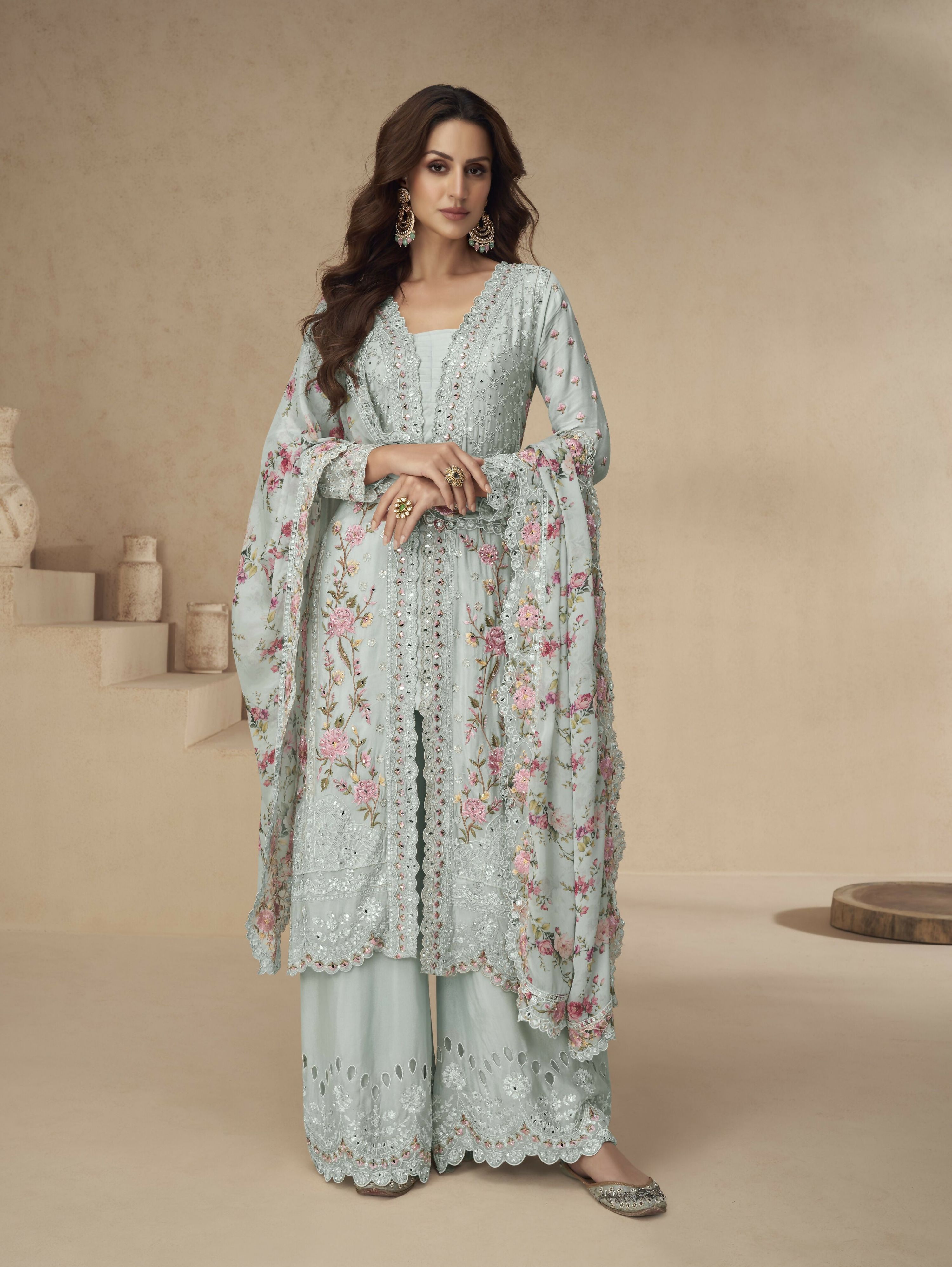 Anaita Sky-Blue Chinon Readymade Suit with Embroidery Sequence Work | Grocsy