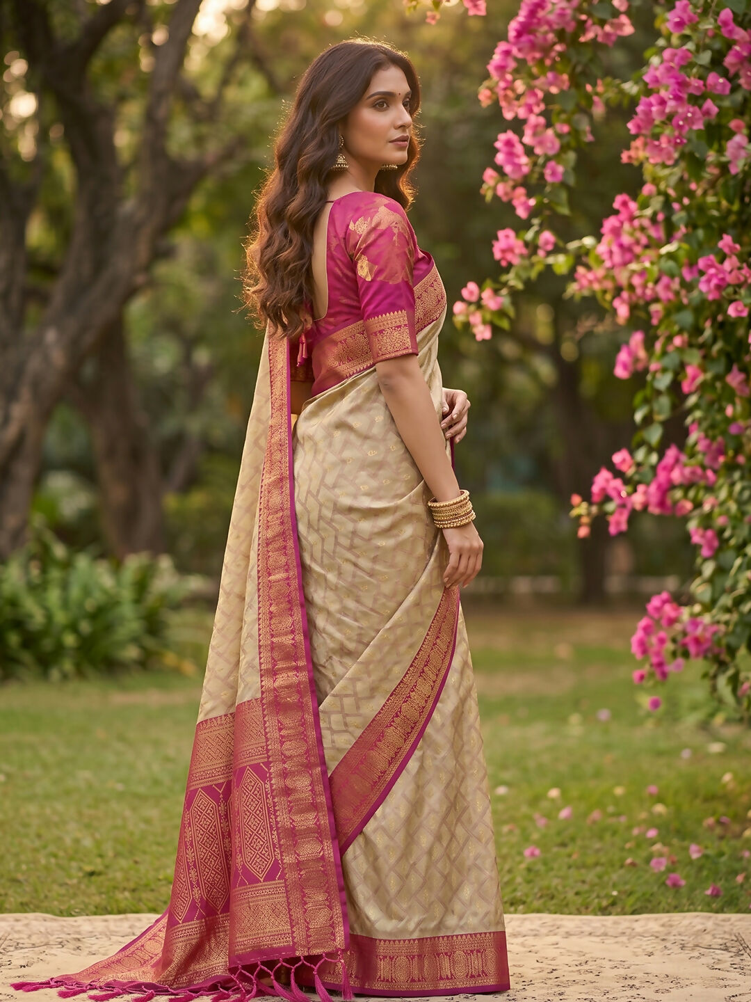 Shree Shyam Fashion Chiku With Pink Cotton Saree | Grocsy