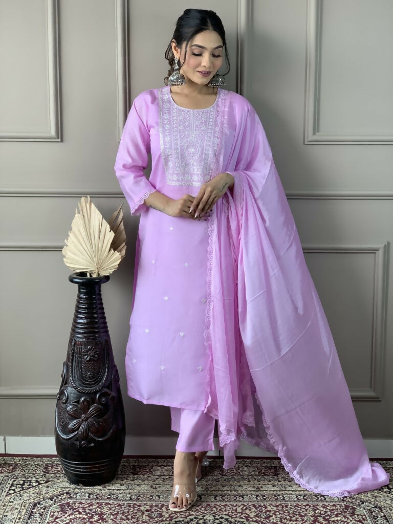 Lavender Viscose Chanderi Stitched Suit With Dupatta - Tanisha | Grocsy