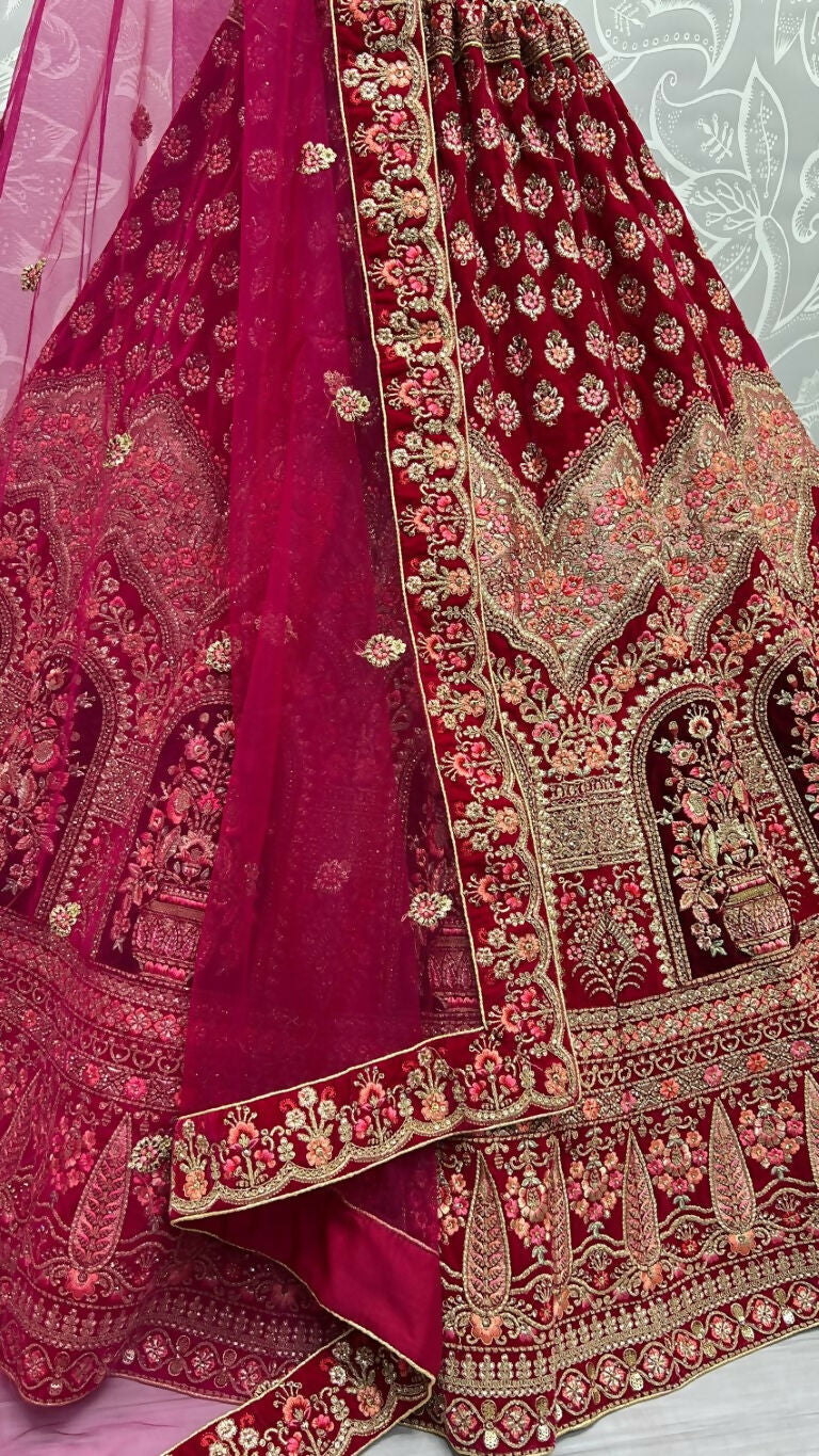 Jyoti Fashion Women's Rani Pink Velvet Multi Thread Embroidered with Zircon Diamond Wedding Lehenga Choli | Grocsy