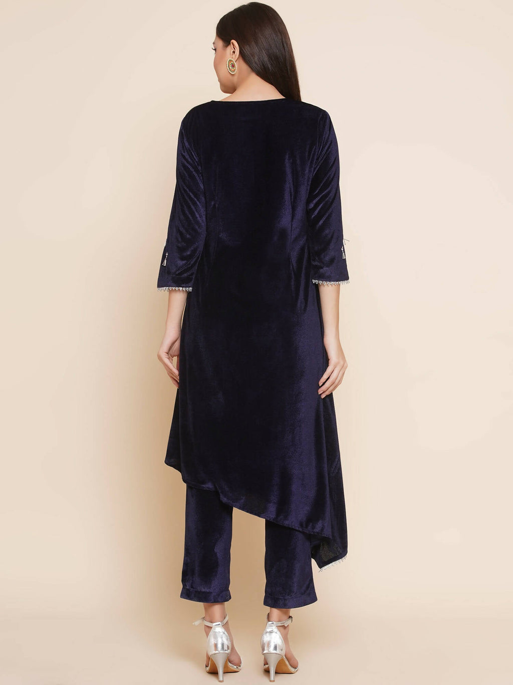 Women Republic Navy Blue Velvet Assymetrical Hand Embellished Kurta With Pants | Grocsy