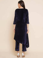 Women Republic Navy Blue Velvet Assymetrical Hand Embellished Kurta With Pants | Grocsy