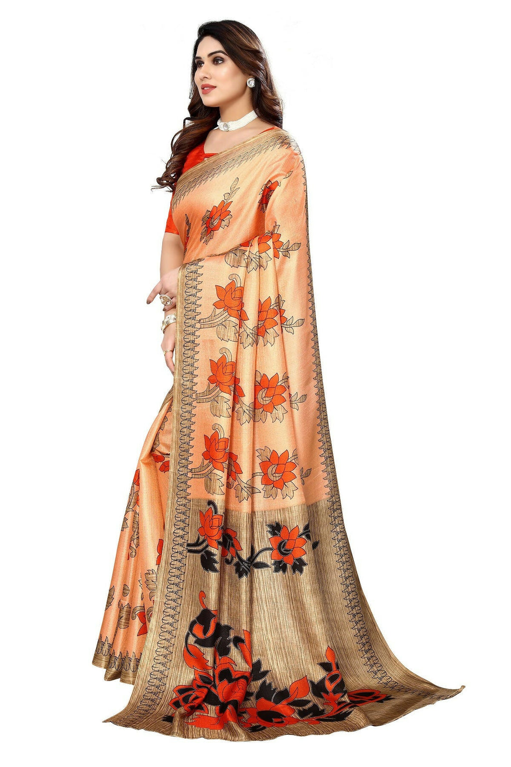 Vamika Orange Printed Art Silk Saree | Grocsy