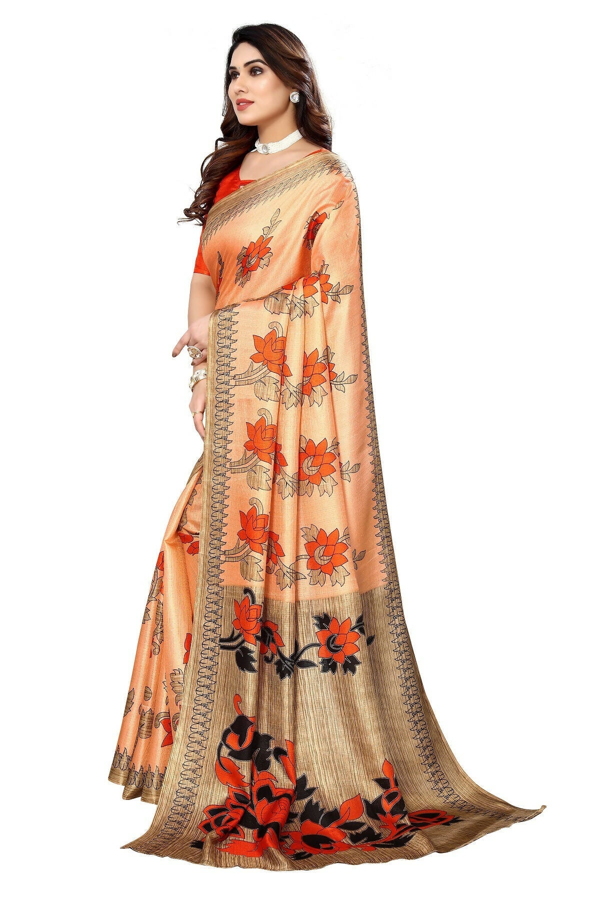 Vamika Orange Printed Art Silk Saree | Grocsy