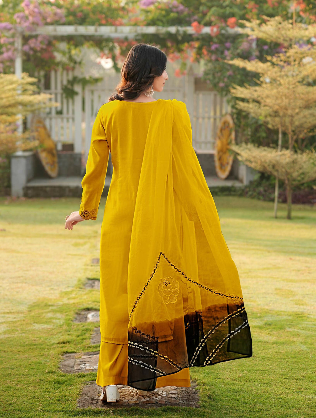 Nikhaar Yellow Embroidered Art Silk Stitched Straight Cut Kurta Palazzo Dupatta Readymade Suit | Grocsy