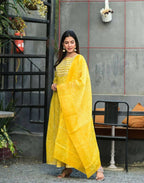 Yufta Women Yellow Handblock Printed Kurti And Trouser With Dupatta | Grocsy