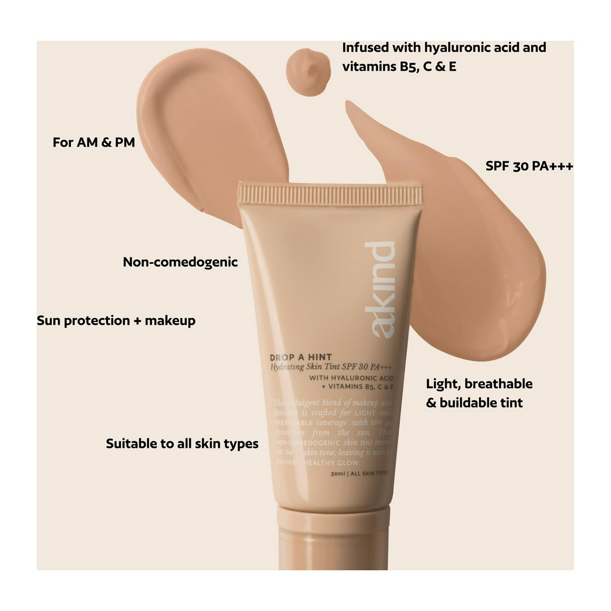 Akind Drop A Hint Hydrating Skin Tint Spf 30 Pa+++ 140 Beige | Grocsy
