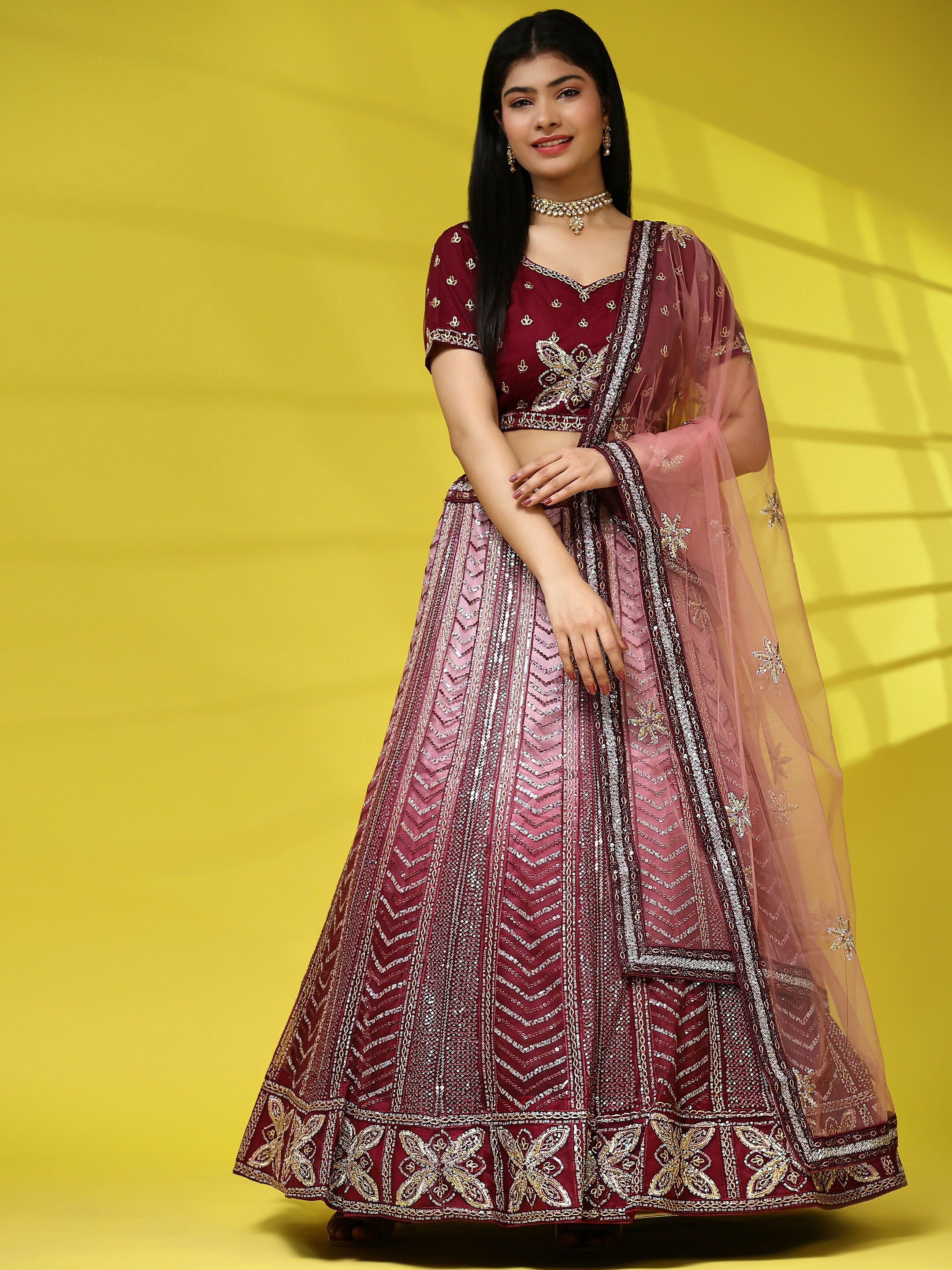 Maroon Fancy Net Sequence Embroidered Lehenga Choli with Dupatta - Dhara | Grocsy