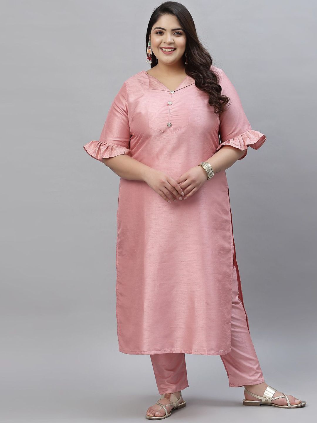 Sztori V-Neck Bell Sleeves Straight Kurta With Trousers | Grocsy