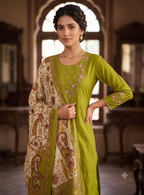 Teeya Creation Women Olive Green Embroidered Kurta Pant Set With Dupatta | Grocsy