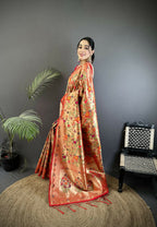 Joban Fashion Peach Floral & Leaf Motifs Soft Silk Paithani Saree | Grocsy