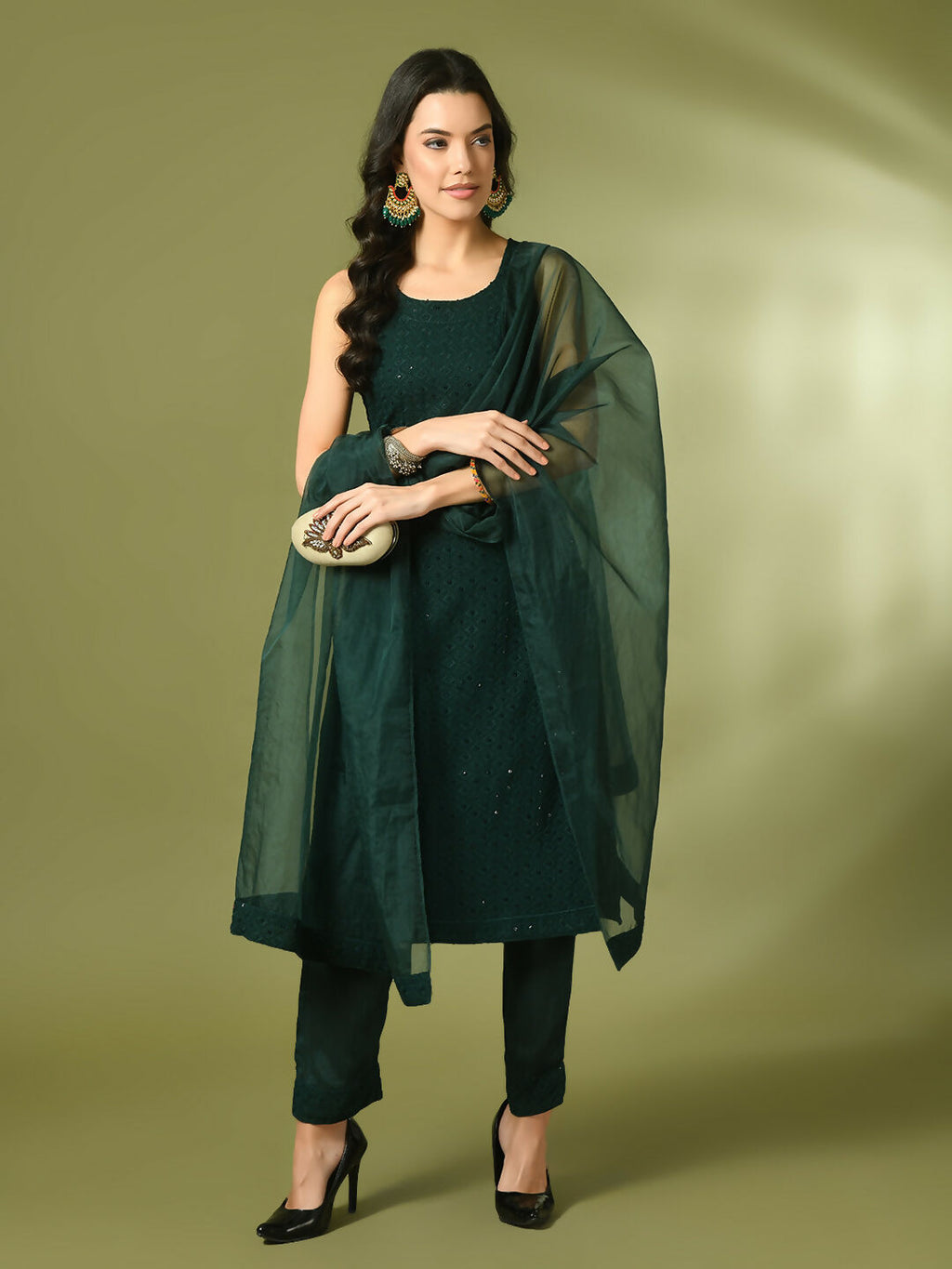 Myshka Women's Green Embroidered Cotton Straight Party Kurta Set With Dupatta | Grocsy