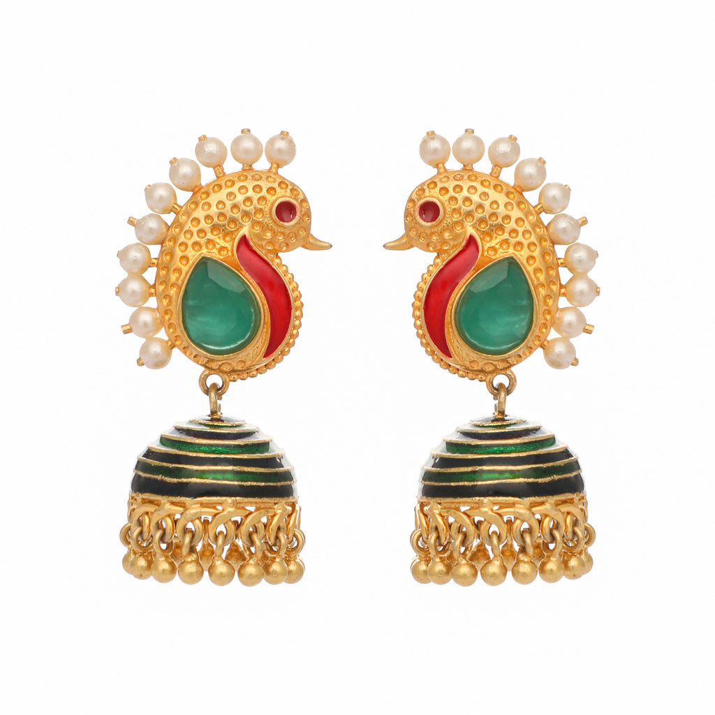 Nuyug 22K Gold Plated Pearls Studded Contemporary Shaped Enamel Jhumkas | Grocsy