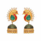 Nuyug 22K Gold Plated Pearls Studded Contemporary Shaped Enamel Jhumkas | Grocsy