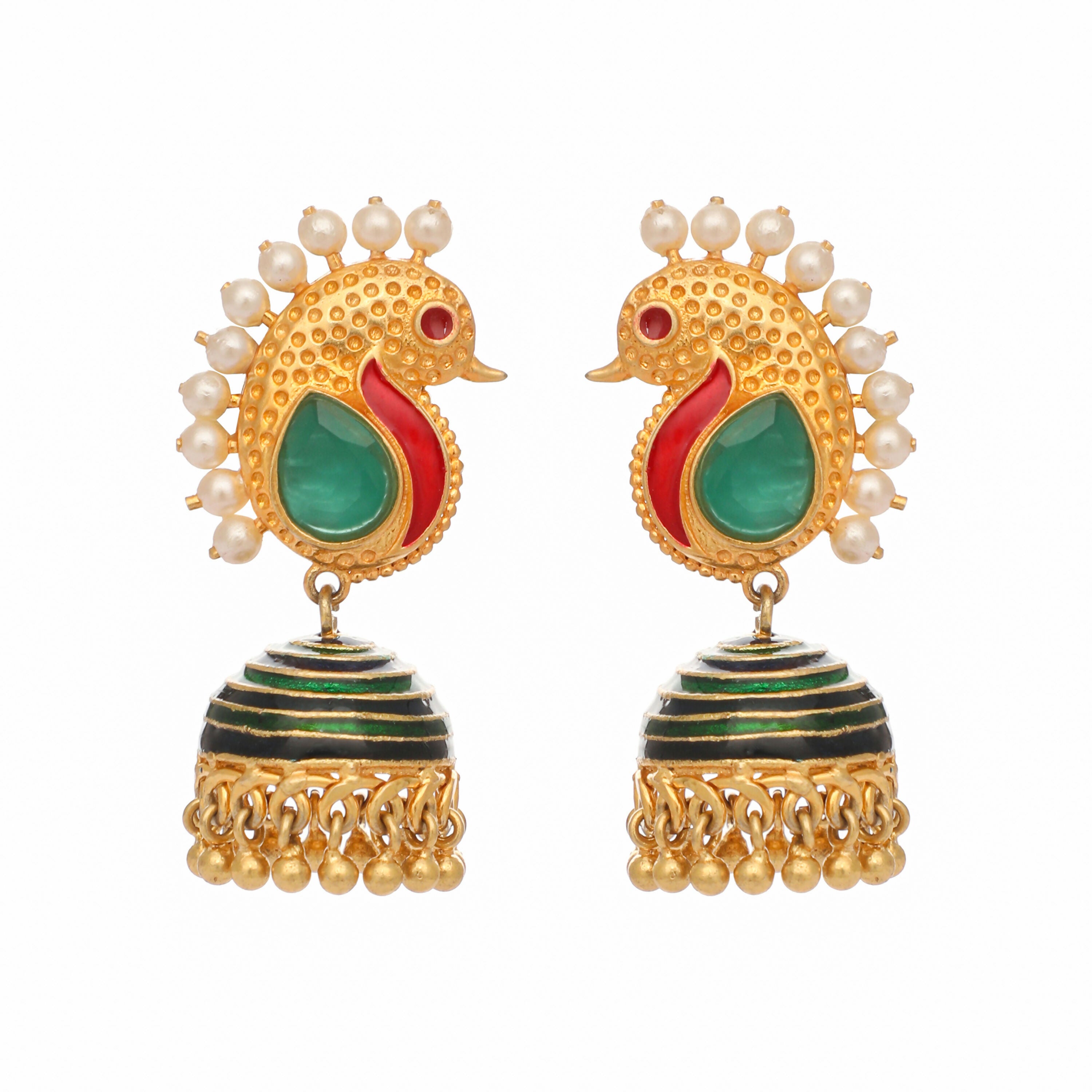 Nuyug 22K Gold Plated Pearls Studded Contemporary Shaped Enamel Jhumkas | Grocsy