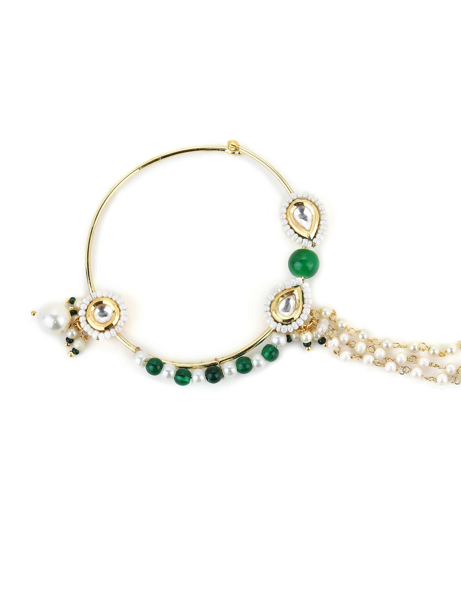 Gold-Polished White Green Kundan-Studded Pearl Beaded Nosepin - Ruby Raang | Grocsy