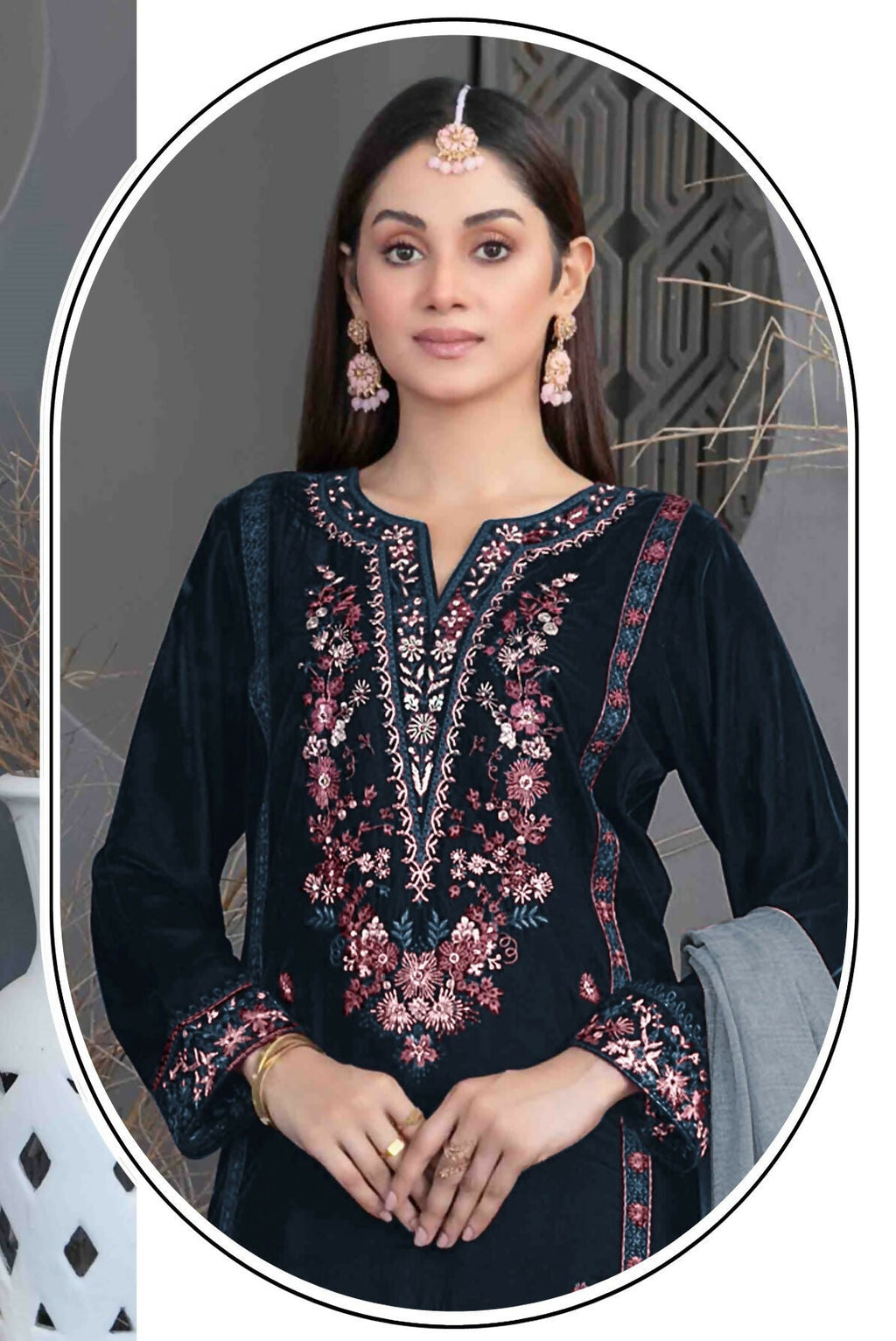 Anaita Navy Blue Velvet Suit with Embroidery Sequence Work | Grocsy