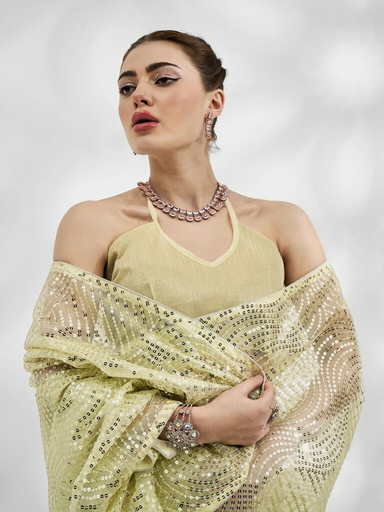 Light Green Net Organza Sequance,Thread Embroidery Work Saree with Unstitched Blouse - Vandini | Grocsy