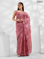 Pink Net Organza Sequance,Thread Embroidery Work Saree with Unstitched Blouse - Vandini | Grocsy