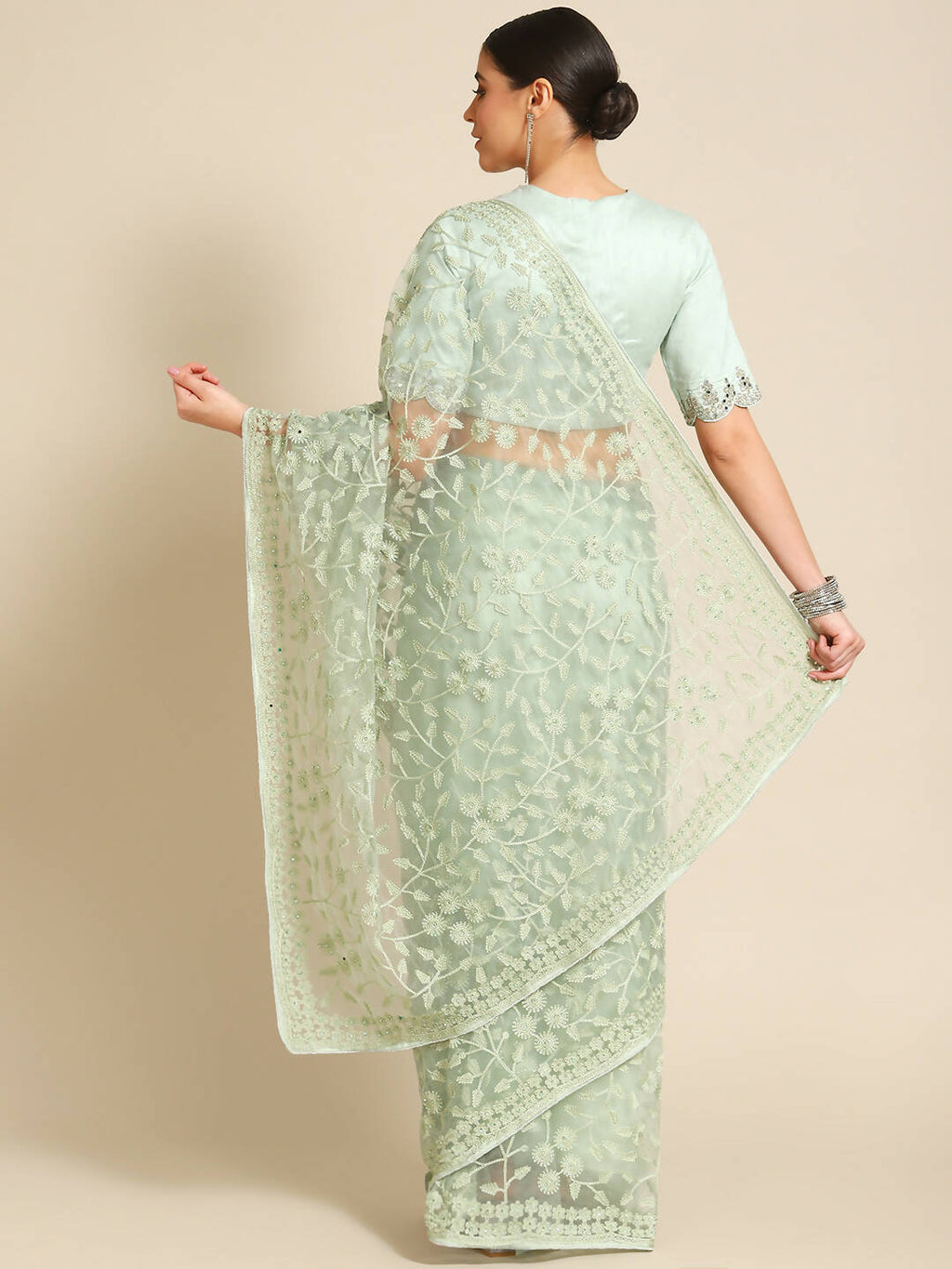 Green Woven Design Net Saree with Blouse Piece - Kalamkari | Grocsy