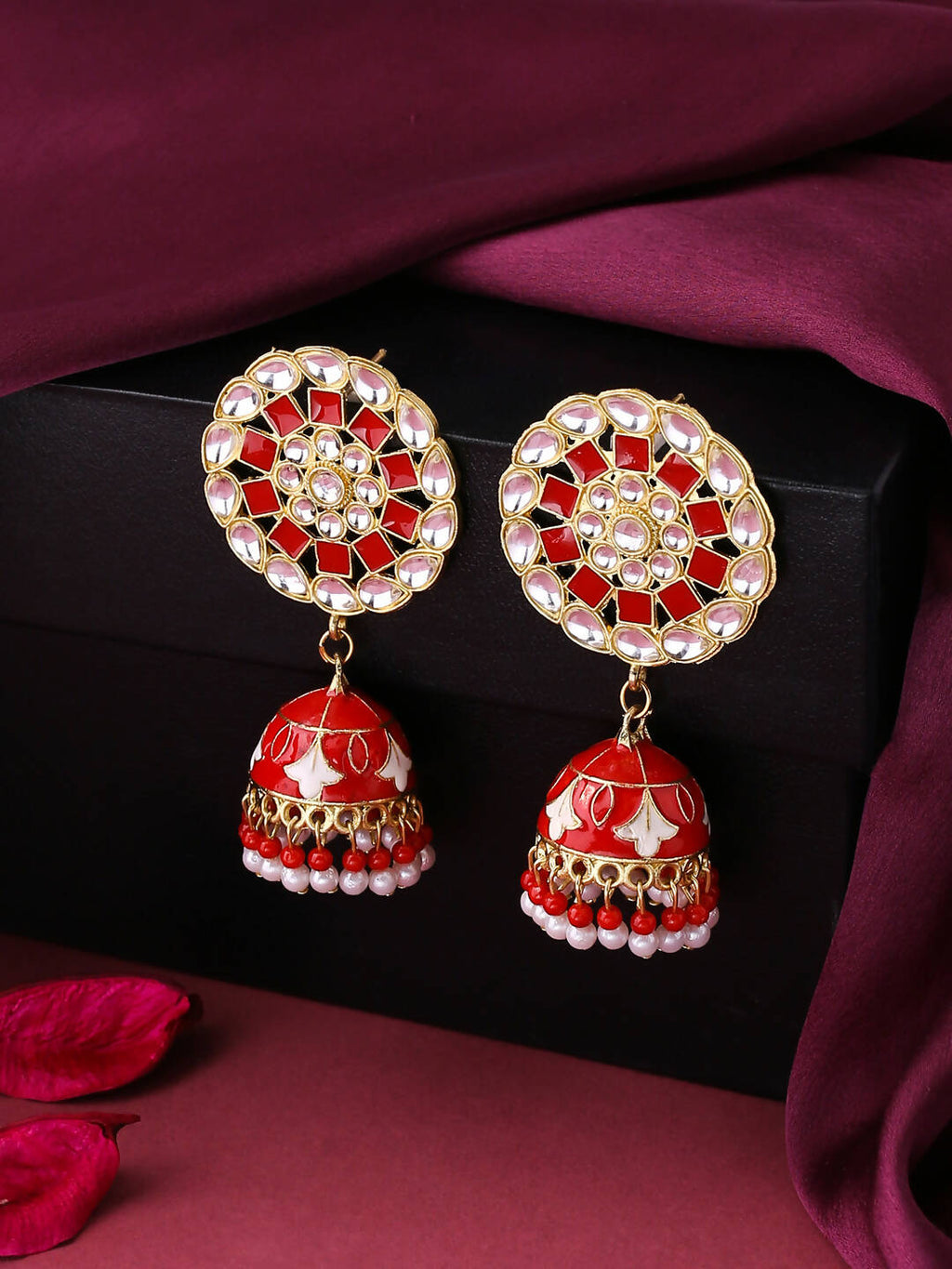 NVR Women Gold-Polished Red Dome Shaped Meenkari Jhumkas Earrings | Grocsy