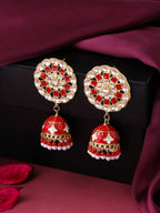 NVR Women Gold-Polished Red Dome Shaped Meenkari Jhumkas Earrings | Grocsy