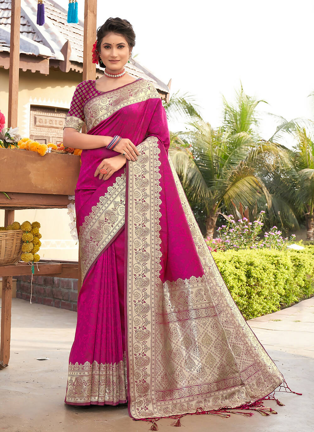 Pink Banarasi Silk Woven Design Saree with Unstitched Blouse Piece - Aachal | Grocsy