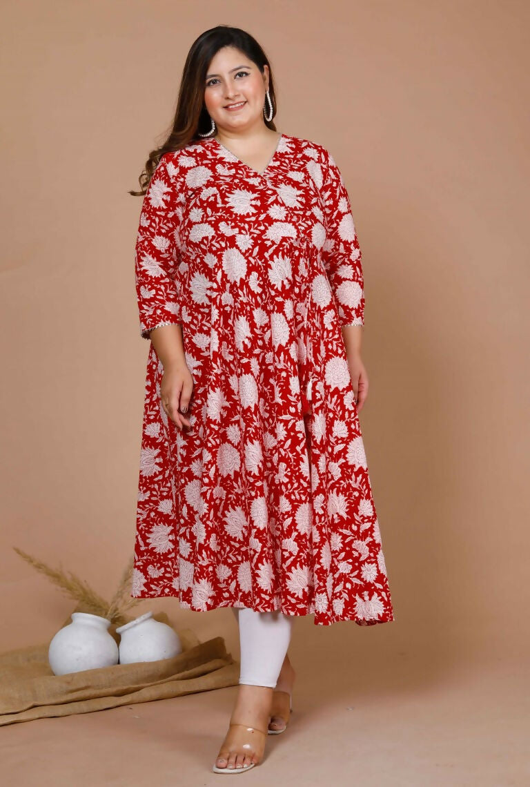 Miravan Women's Plus Size White Floral Printed Pure Cotton Anarkali Kurta And Palazzo Set | Grocsy