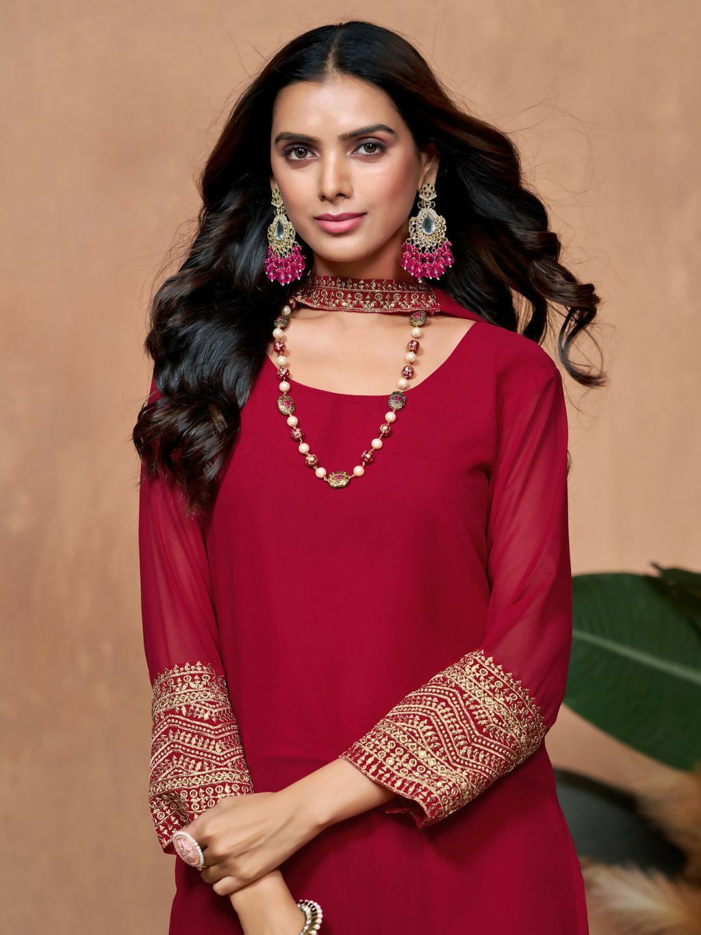 The52 Women's Beautiful Georgette Fabric Embroidery Work Straight Kurta Palazzo and Dupatta Set | Grocsy