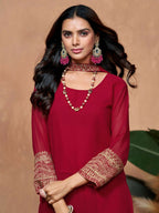 The52 Women's Beautiful Georgette Fabric Embroidery Work Straight Kurta Palazzo and Dupatta Set | Grocsy