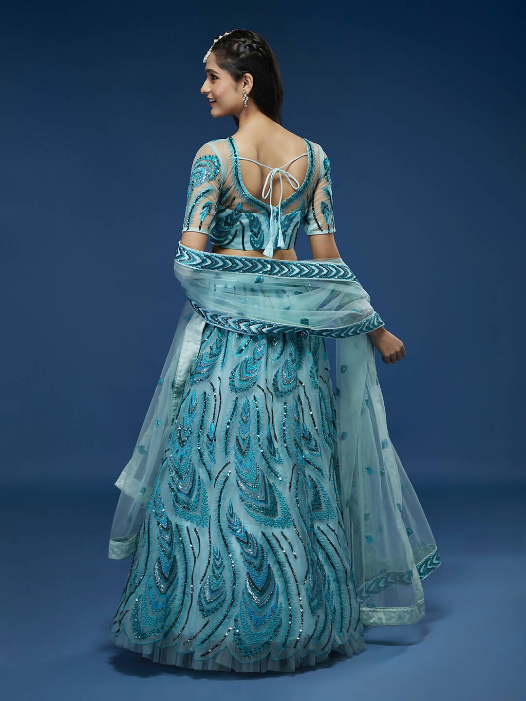 House of Panchhi Seagreen Net Sequins Embroidered Lehenga & Blouse with Dupatta | Grocsy