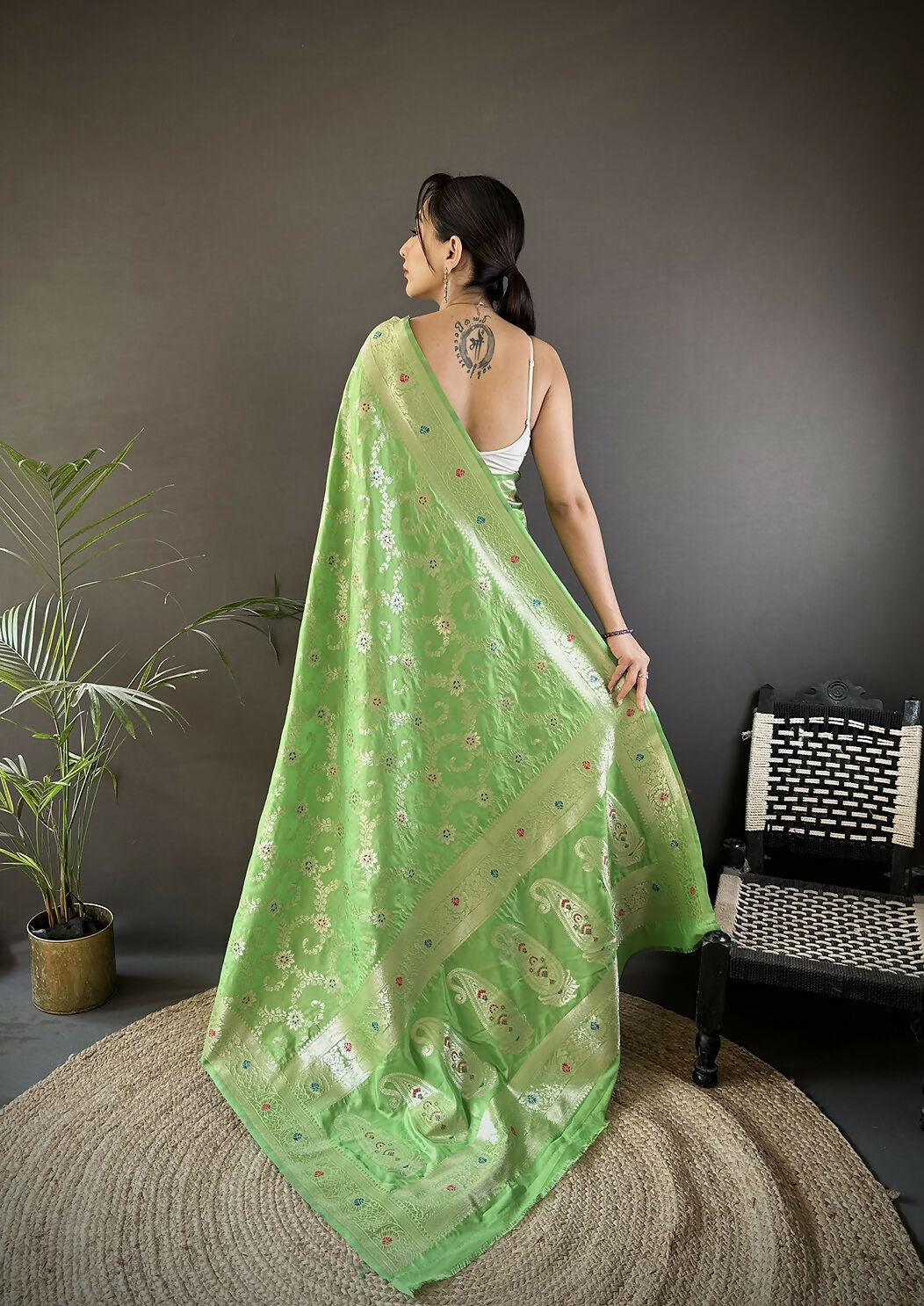 Joban Fashion Pista Green Meenakari Banarasi Silk Sarees | Grocsy