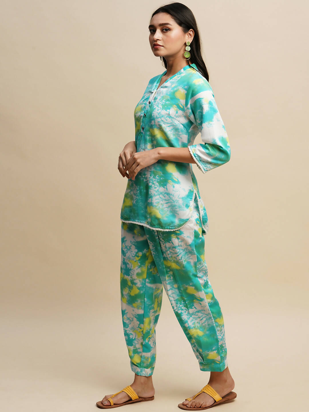 Sky Blue Poly Rayon Tie and dye Printed Top with Matching Trouser - Shivani | Grocsy