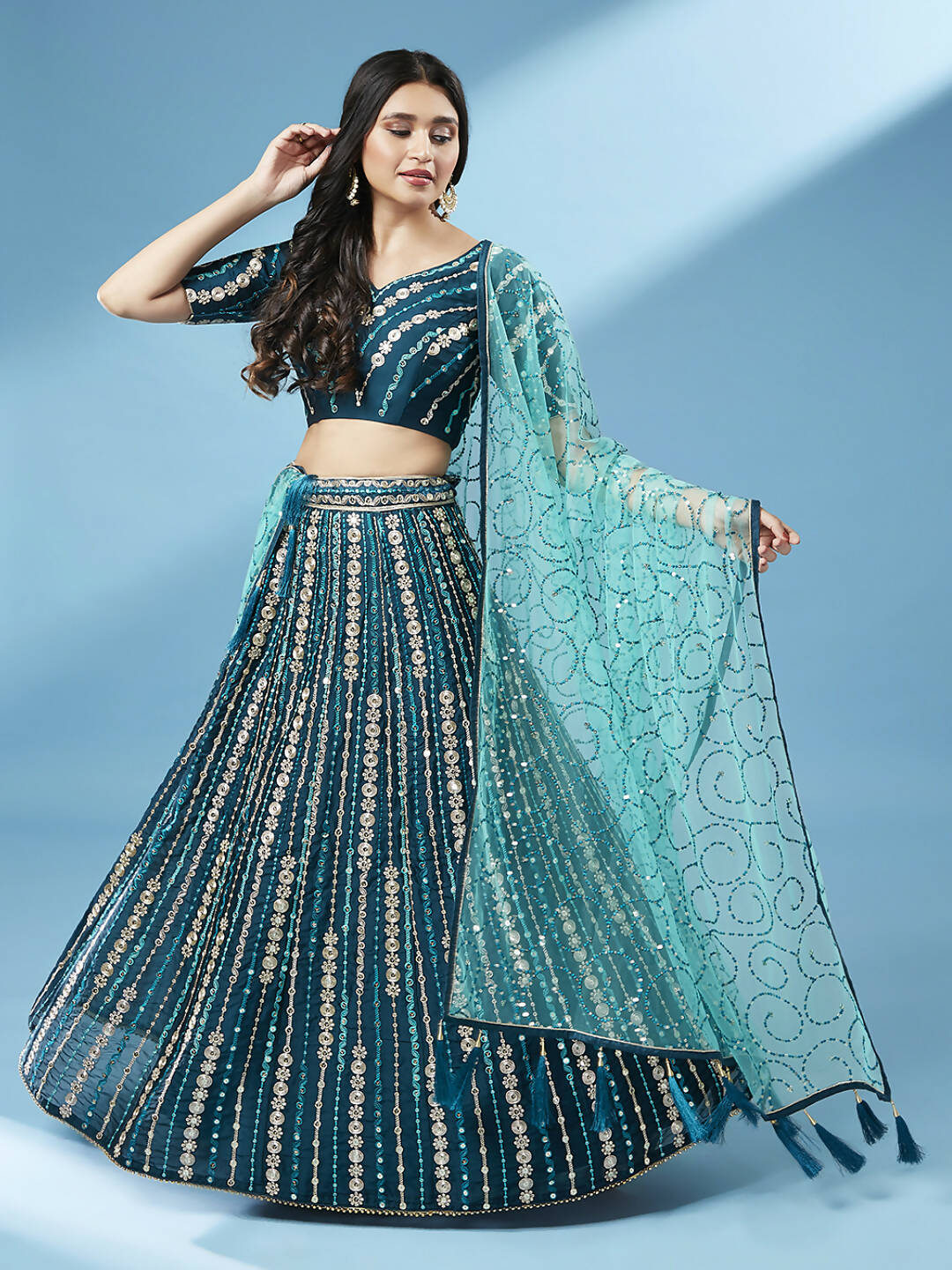 House of Panchhi Teal Pure Georgette Sequinse Work Lehenga & Blouse with Dupatta | Grocsy