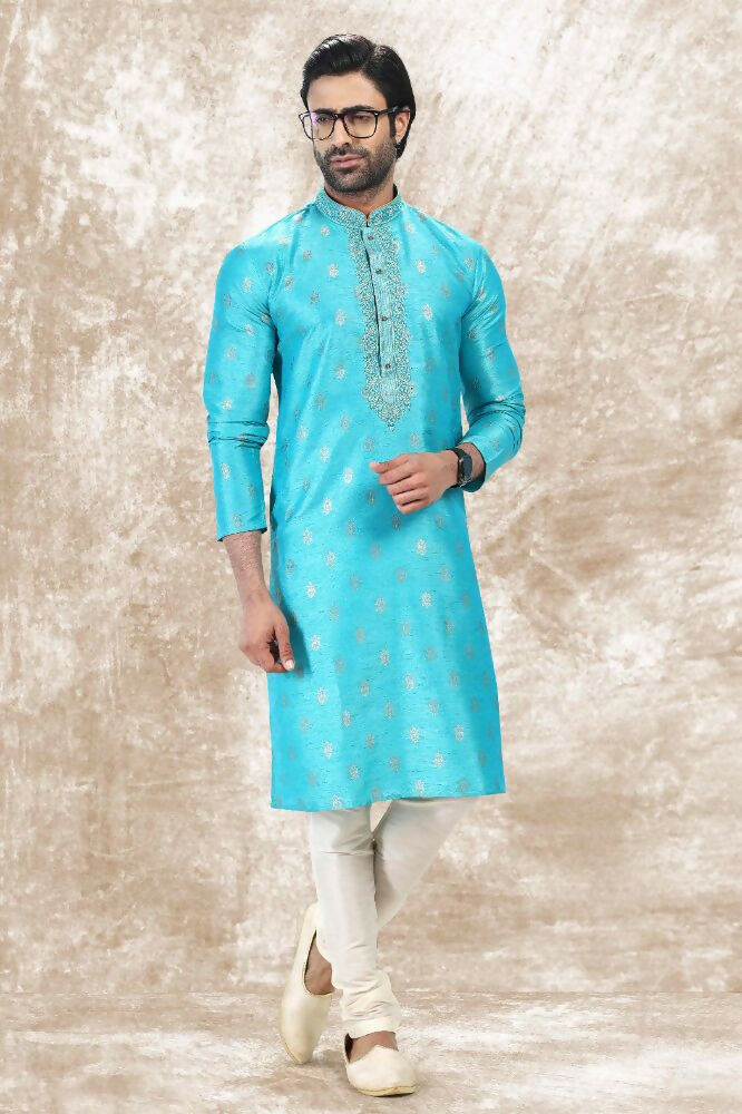 Raivat Ethnic Jacquard Silk Brocade Thread Work Kurta Pajama In Sky Blue Colour | Grocsy