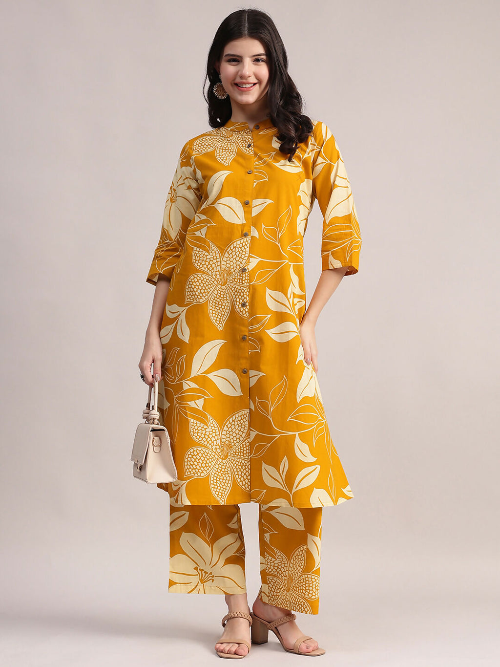 Aavyora Women's Mustard Yellow & White Floral Printed Cotton Co-Ord Set | Grocsy