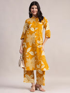 Aavyora Women's Mustard Yellow & White Floral Printed Cotton Co-Ord Set | Grocsy