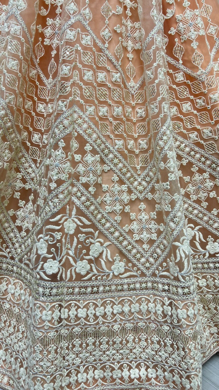 Jyoti Fashion Women's Peach Net Patterned Thread Embroidered with Sequins Wedding Lehenga Choli | Grocsy