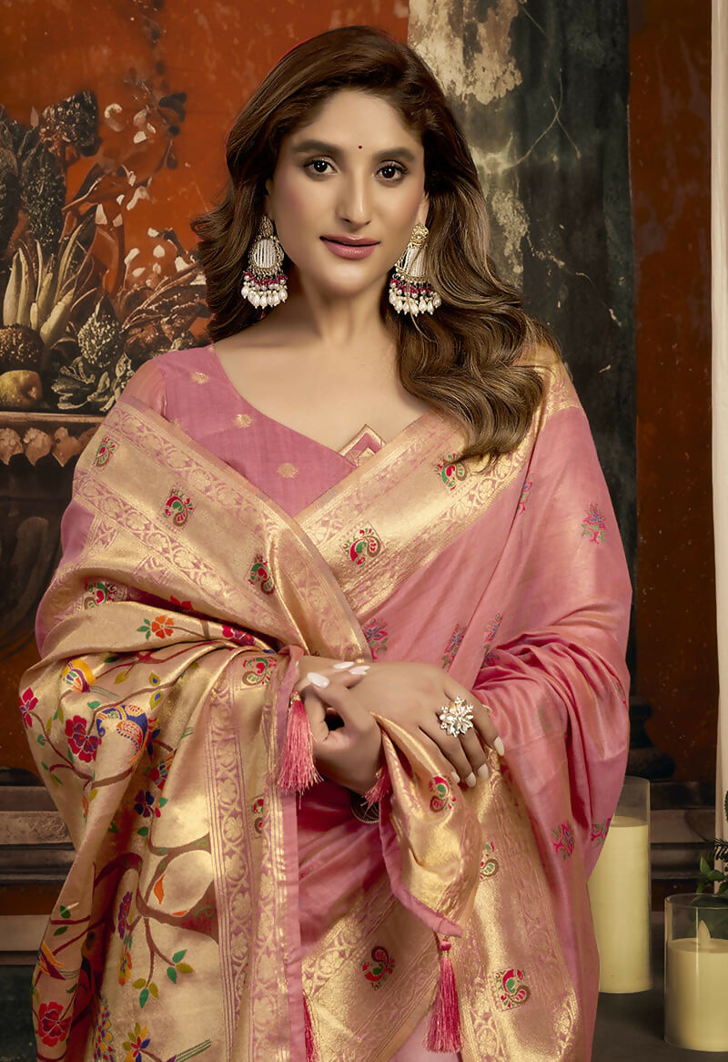Monjolika Fashion Blush Pink Kota Silk Blend Paithani Saree with Meenakari Floral Bootis | Grocsy
