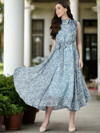 Souchii Grey Floral Chiffon Maxi Dress | Grocsy