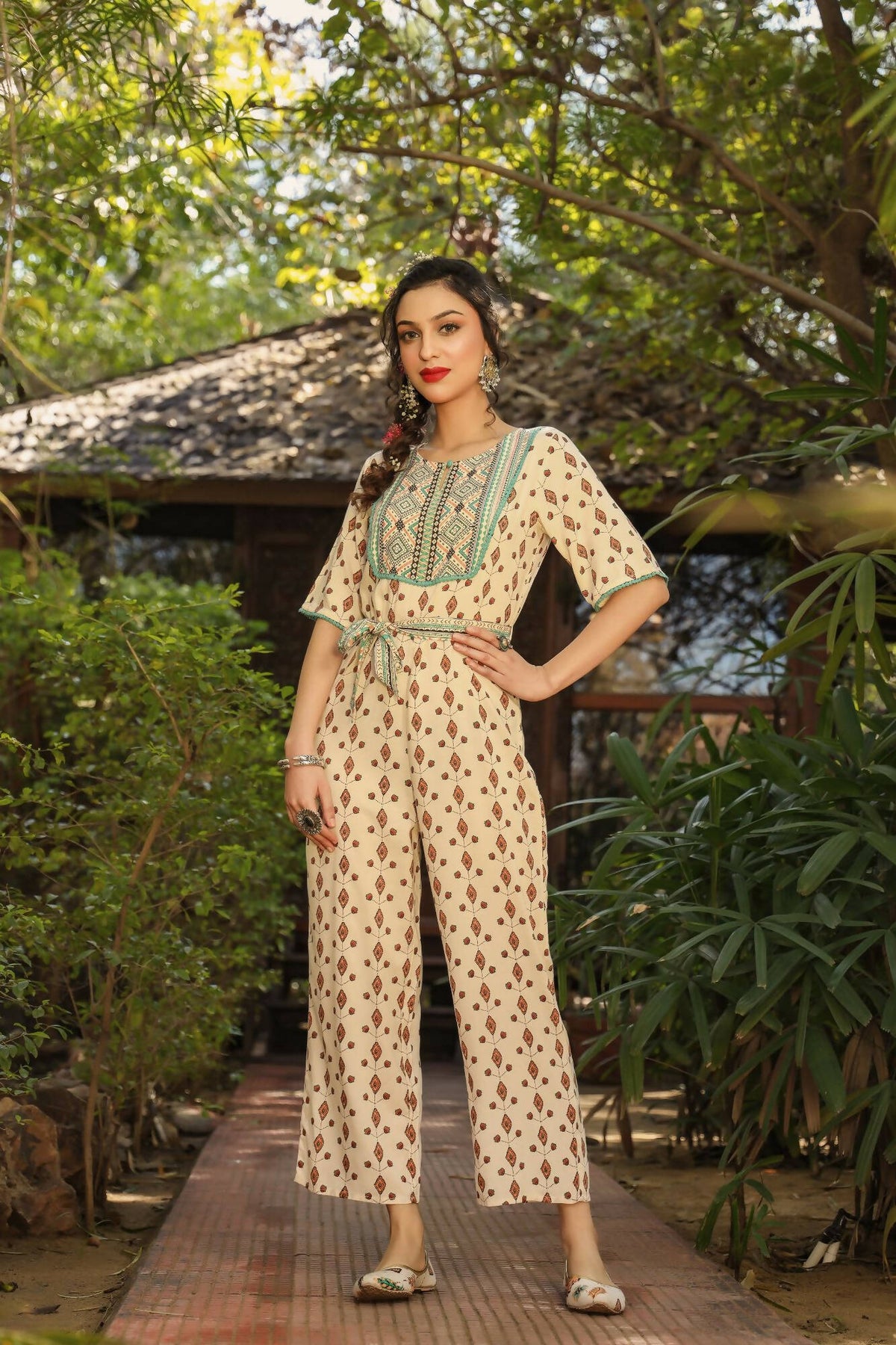Juniper Women Ivory Rayon Printed Straight Jumpsuit | Grocsy
