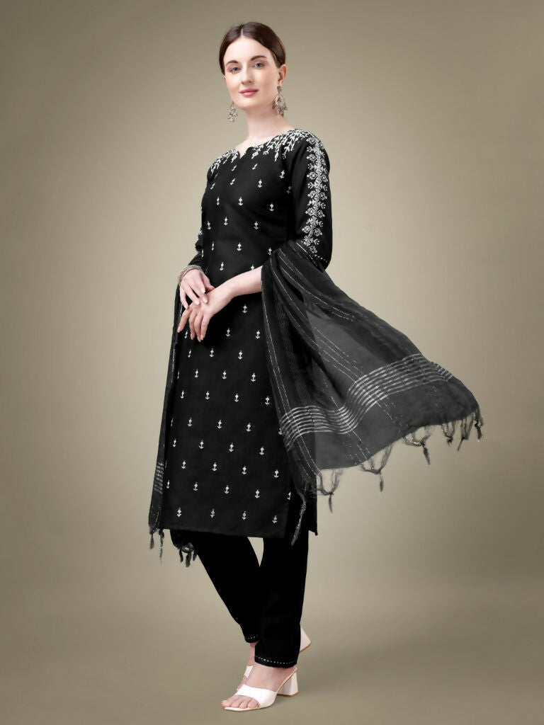 Jyoti Fashion Women's Black Cotton Blend Embroidery & Sequence work Kurta with Trouser & Dupatta | Grocsy