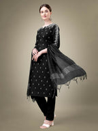 Jyoti Fashion Women's Black Cotton Blend Embroidery & Sequence work Kurta with Trouser & Dupatta | Grocsy