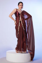 Coffee Brown Satin Solid Designer & Lace Work Saree - Samaa | Grocsy