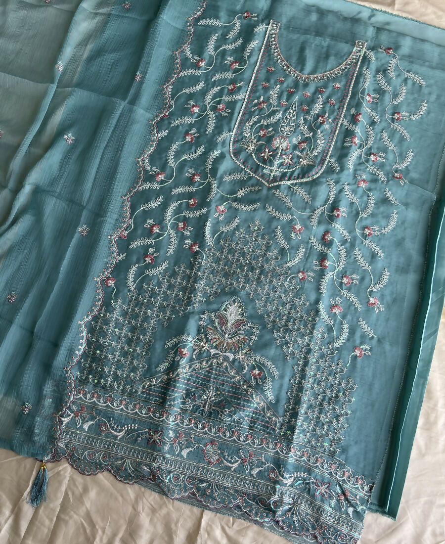 KC Beautiful Sky Blue Chiffon Silk Hand Embroidery Suit For Women | Grocsy