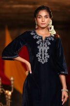 Juniper Women Navy Velvet Embroidered Straight Kurta Sets | Grocsy