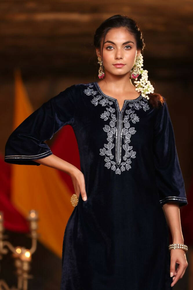 Juniper Women Navy Velvet Embroidered Straight Kurta Sets | Grocsy