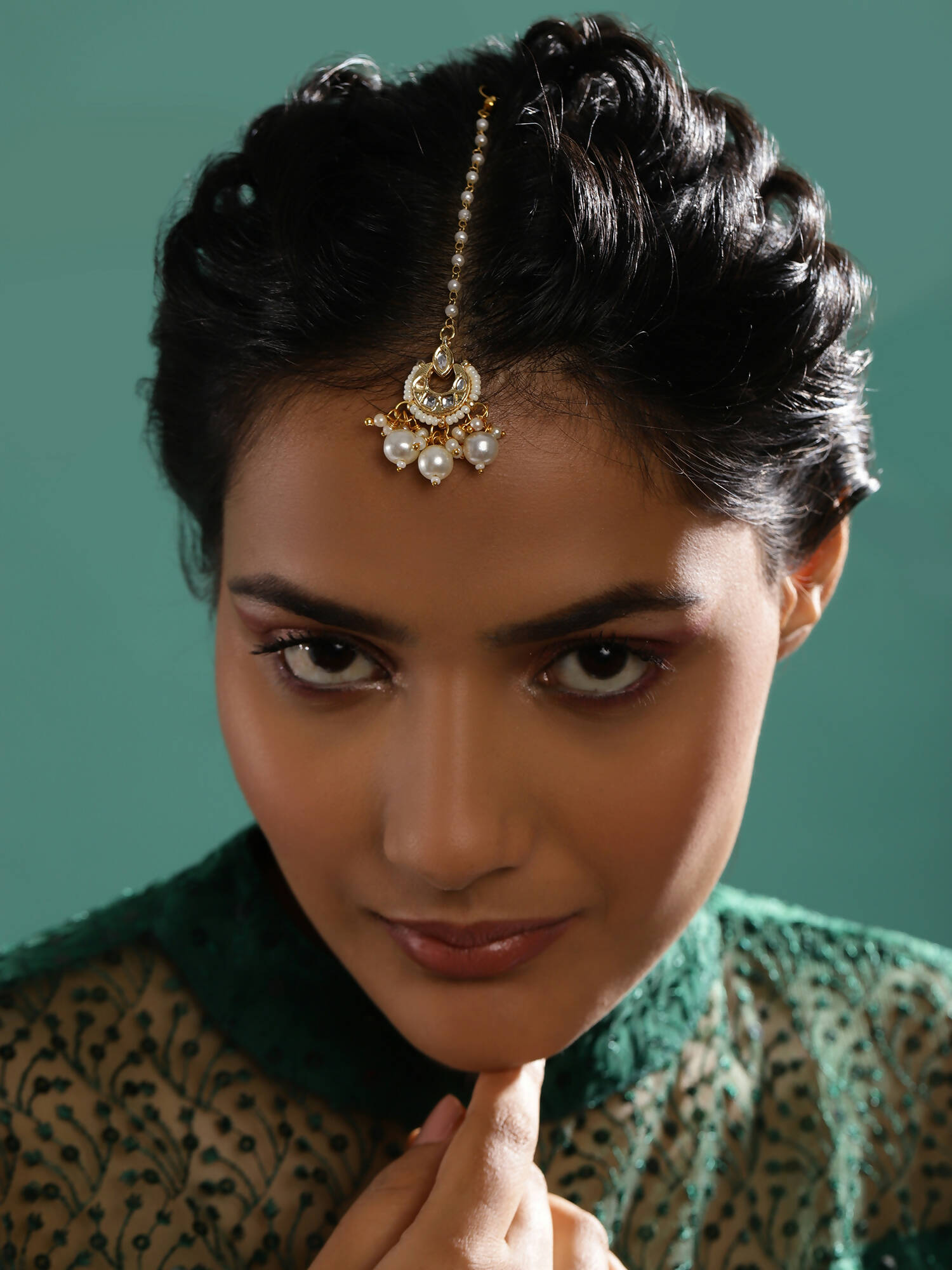 Gold-Polished White Kundan-Studded Beaded Layered Maang Tikka - Ruby Raang | Grocsy