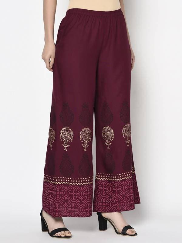 Aniyah Rayon Wine Color Block Print Flared Slip-On Palazzo (AN-173K) | Grocsy