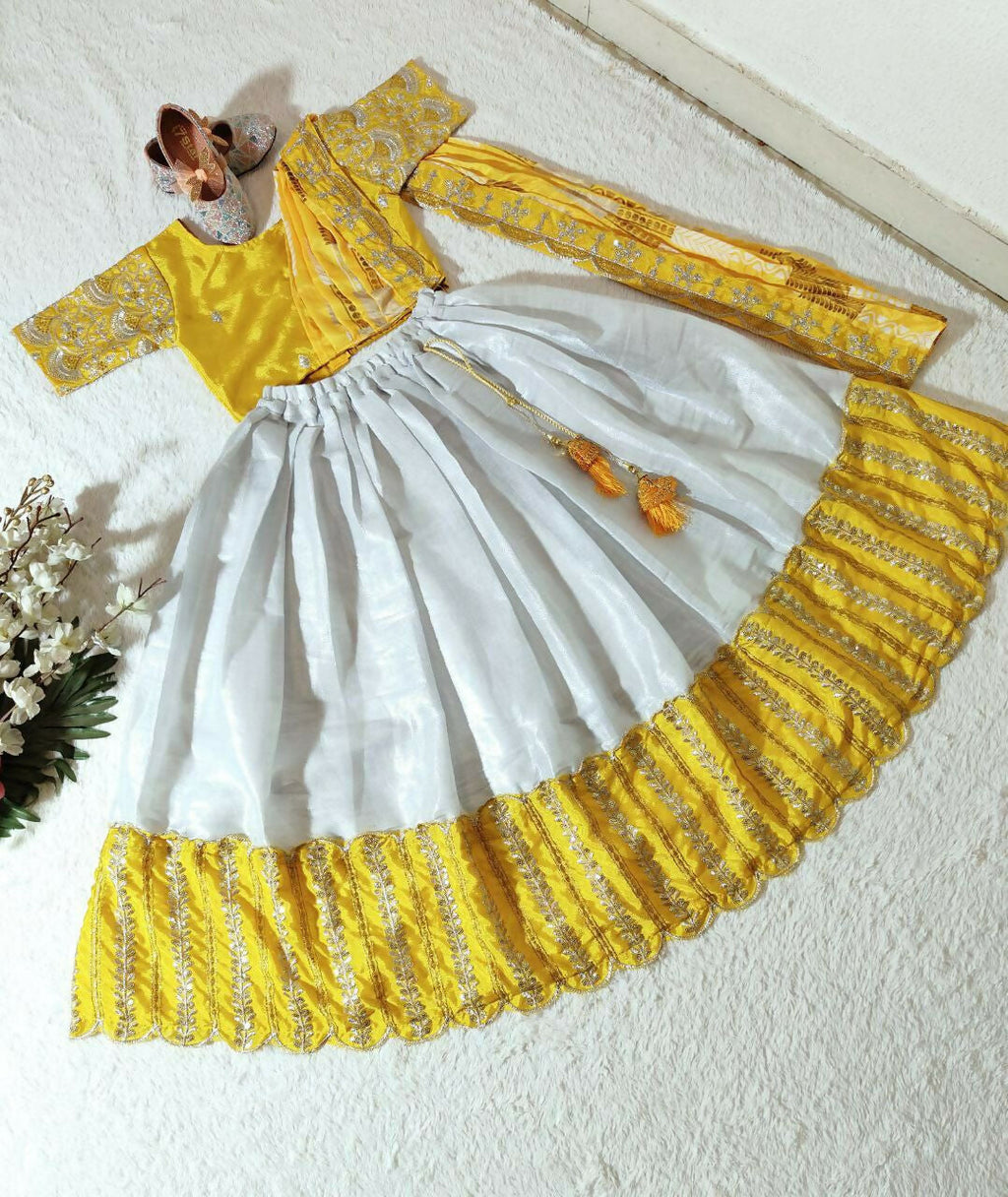 Jyoti Fashion Classy Yellow Heavy Chenille Sequins Embroidered Kids Lehenga Choli Set | Grocsy